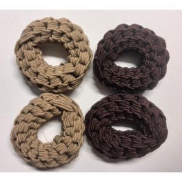 Haarelastieken zonder metaal, geweven , Ø ca 4 cm. 2 st Bruin en 2 st. Taupe